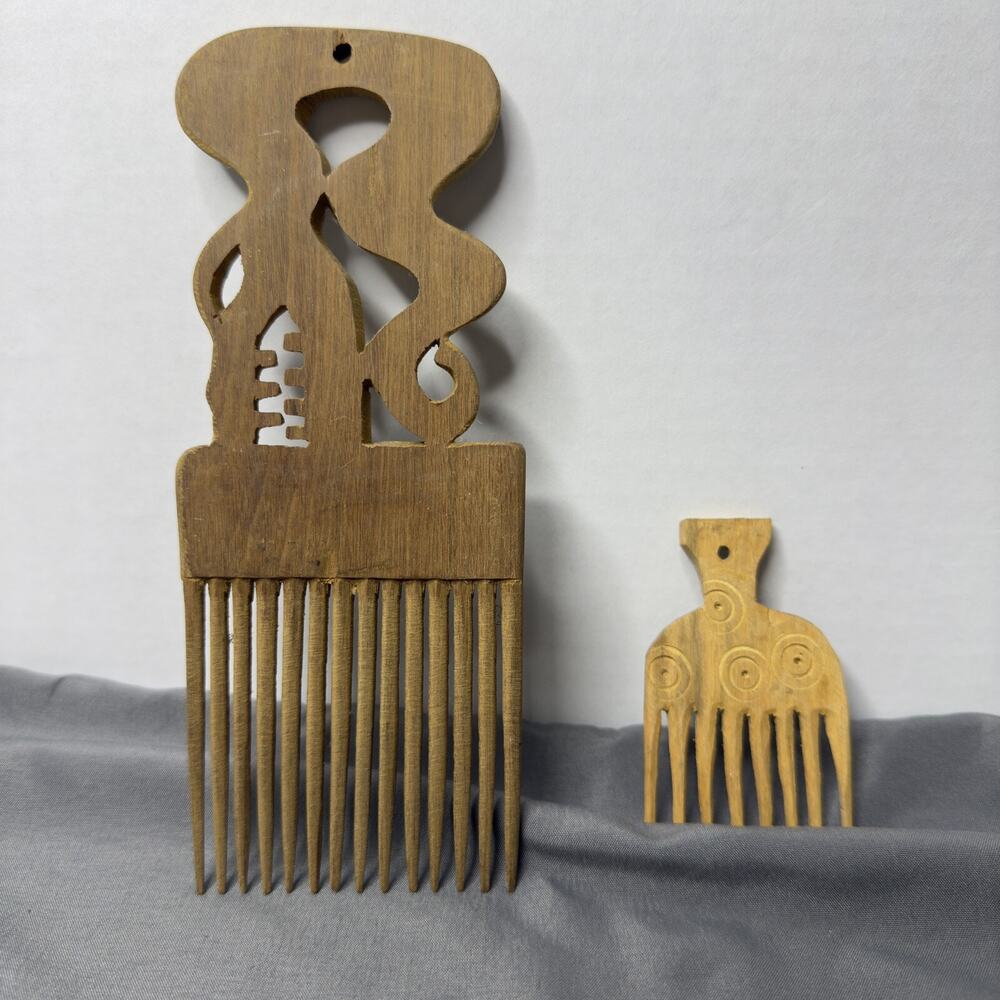Vintage African Hand Carved Wooden Comb Pick Gorgeous Design Set 2 Folk Art